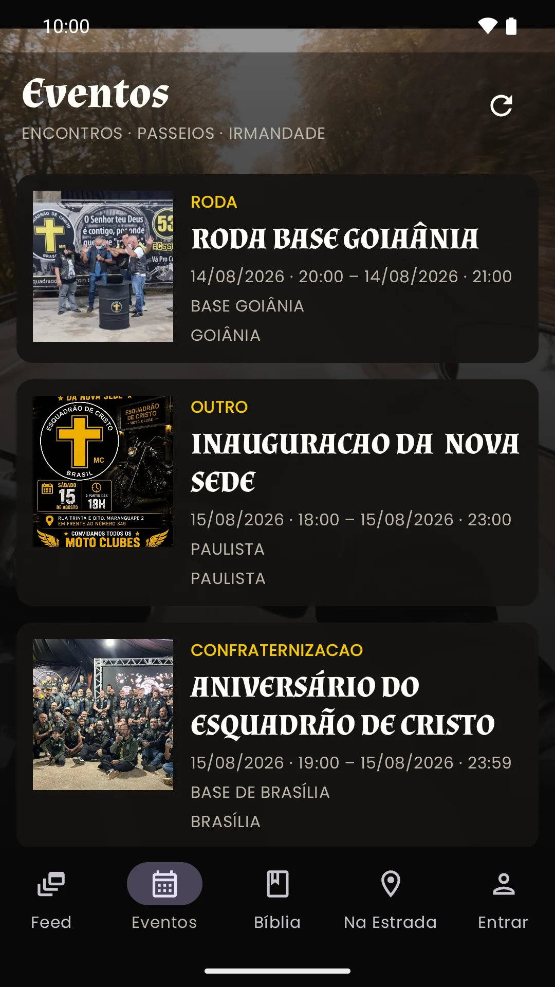 Aplicativo real de motoclube exibindo agenda de eventos